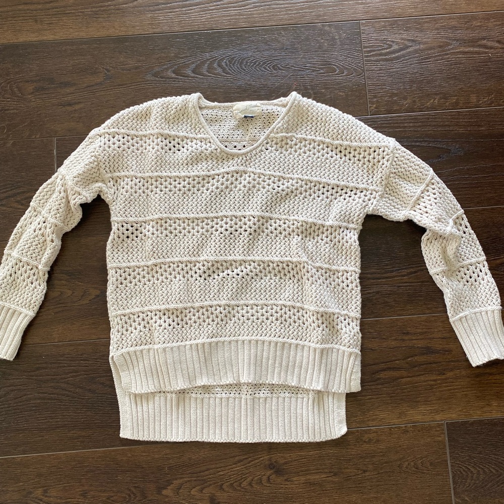 Cream V-Neck Open-Knit Sweater with Cropped Length